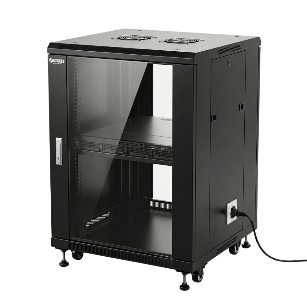 Baie rack 19" 18U série Mezzo – Porte vitrée, 1 étagère, 2 ventilateurs, prise française | iPower